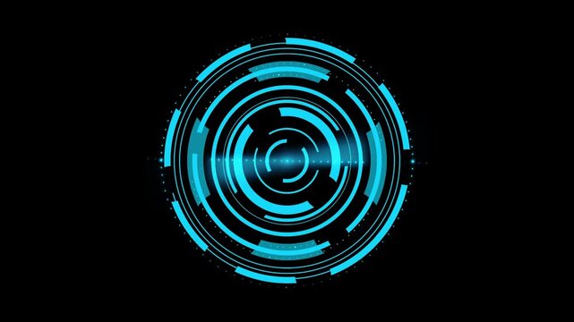 A moving blue high-tech digital technology circle isolated on a black background. HUD round frames, aim control, digital interface. HUD technology. 4K 3D loop animation at 60 fps.