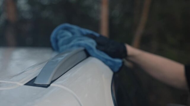 A white car wash attendant wipes the roof of a car outside, slowly making circular motions with a microfiber-gloved hand, dusk