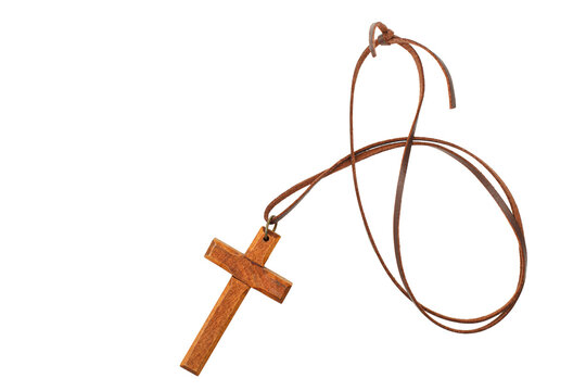 Wooden Christian cross pendant isolated on white.