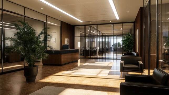 Modern office lobby with reception desk, plant, and glass walls. Sunlight streams in