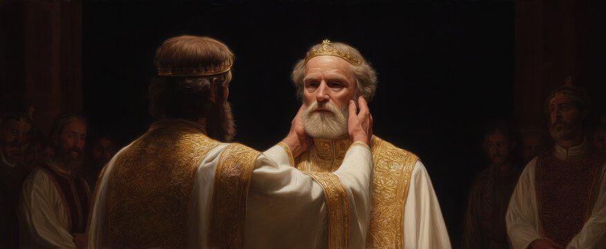 The divine consecration of Solomon by the wise prophet Nathan symbolizes profound spiritual commitment.