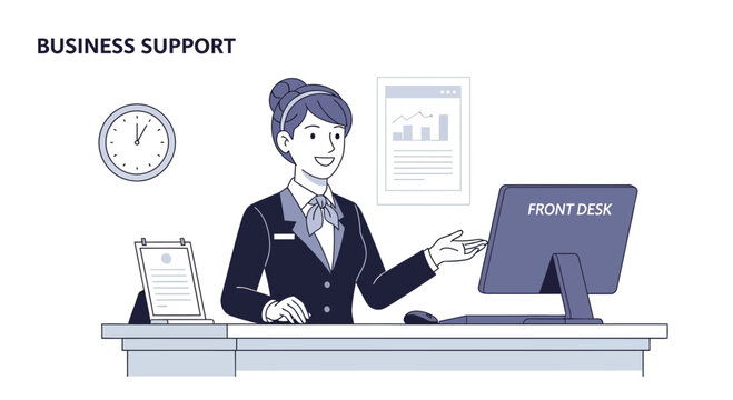Business Support Representative at Front Desk with Computer and Clock
