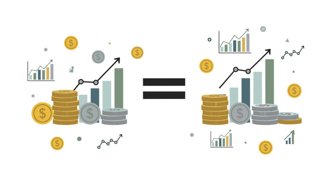 Financial comparison graph shows equal business growth with coins and charts.