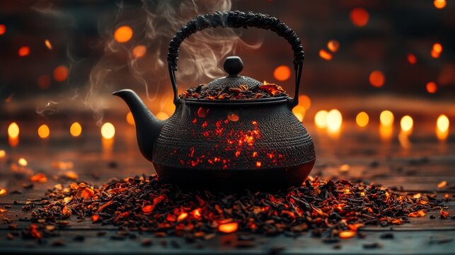 Black teapot steaming over embers