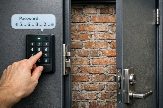 A person presses the entry button on a door, possibly entering or exiting a room