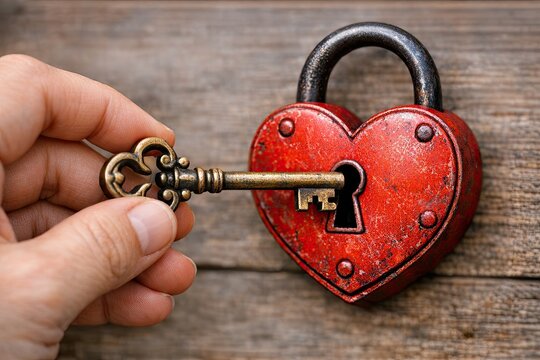 A person holds a key to a heart-shaped lock, a symbol of love and devotion