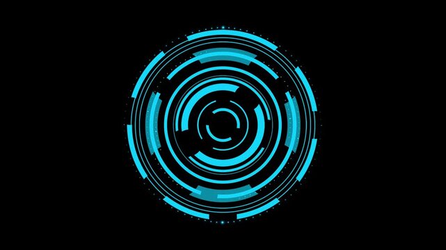 A moving blue high-tech digital technology circle isolated on a black background. HUD round frames, aim control, digital interface. HUD technology. 4K 3D loop animation at 60 fps.