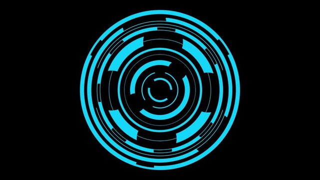 A moving blue high-tech digital technology circle isolated on a black background. HUD round frames, aim control, digital interface. HUD technology. 4K 3D loop animation at 60 fps.