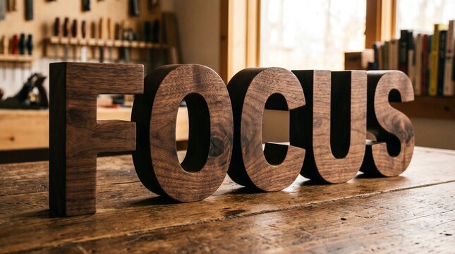 Wooden FOCUS text dark walnut texture