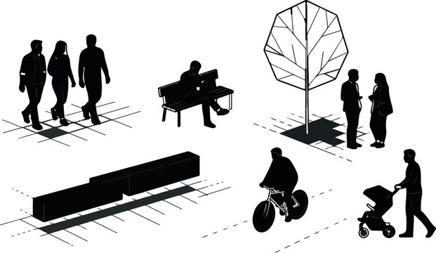 Architectural people silhouettes for urban planning, black vector figures in public park setting, isometric city life elements for landscape design