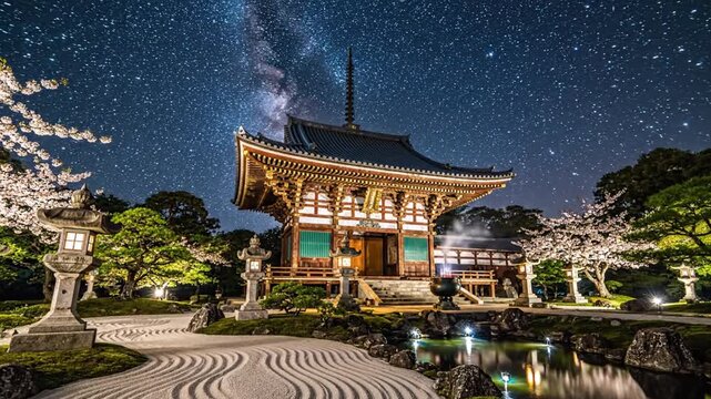Nighttime architectural landscape with stars water and traditional elements