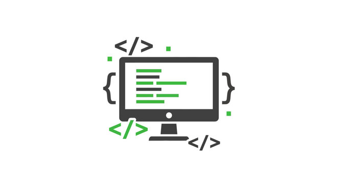Computer screen displaying coding symbols and elements, a graphical representation
