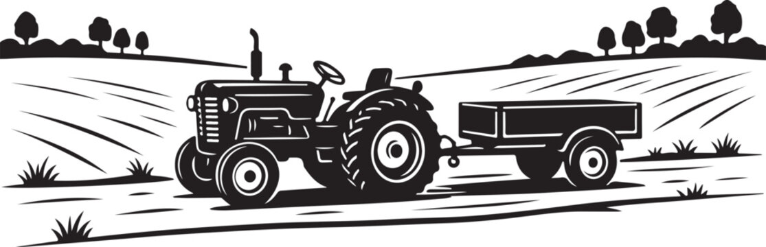 Vintage tractor, tractor with trailer, black and white illustration, farm vehicle, agricultural icon