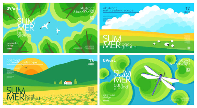 Set of landscape summer horizontal backgrounds with trees crown and seagulls, fields and sheep, hills and building, water lily leaves and dragonfly. Simple nature geometric design for cover, banner