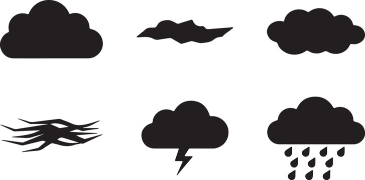 Black weather cloud icon set with storm rain wind and abstract cloud silhouettes isolated on light background
