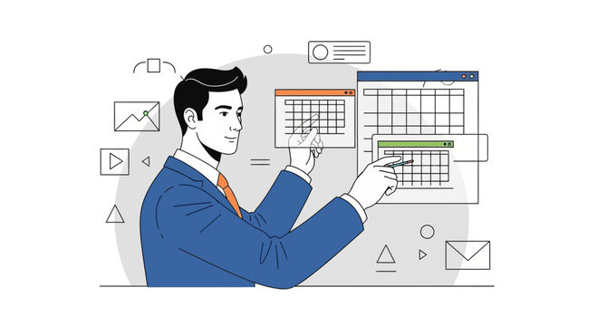 Businessman planning with digital interfaces and spreadsheets