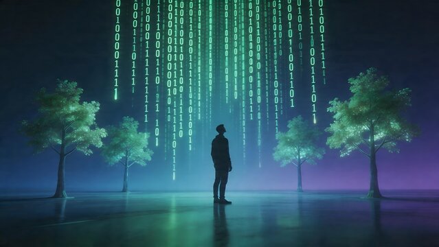 Person standing under digital code rain