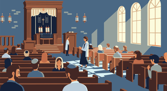 People attend a religious ceremony inside a crowded church interior