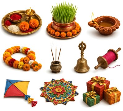 Nepali Festival Culture and Dashid Tihar Celebration Elements 3D Icon Set