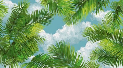 Naklejka premium Tropical green coconut leaves pattern against cloudy summer sky with natural botanical texture and fresh exotic foliage background