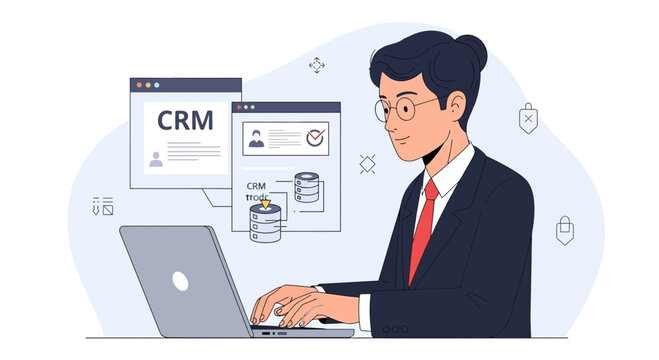 Businessman works on laptop, CRM software on screen, customer relationship management concept