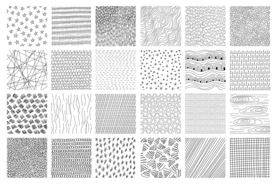 Crosshatch textures featuring hand-drawn line work and doodle pattern vector illustration set. Pencil sketch hatching with geometric grunge strokes, dots, and vintage scribble elements for background.