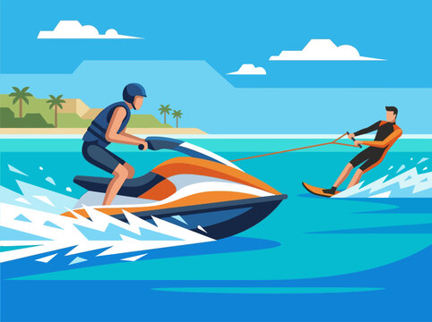 Flat Design Vector Illustration of People Jet Skiing and Water Skiing on a Tropical Beach. Summer Water Sports, Vacation Adventure, and Extreme Outdoor Recreation Concept.