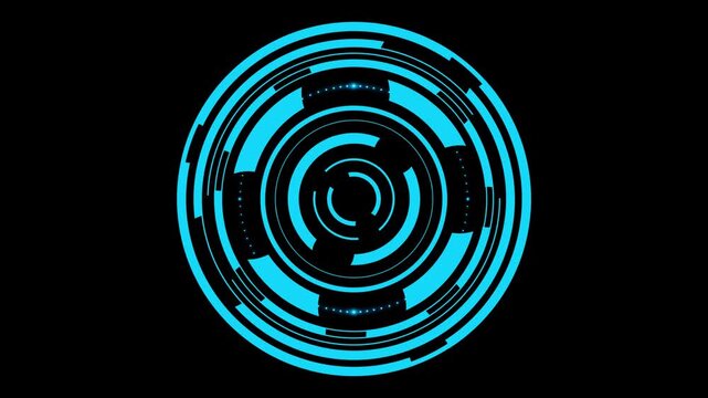 A moving blue high-tech digital technology circle isolated on a black background. HUD round frames, aim control, digital interface. HUD technology. 4K 3D loop animation at 60 fps.
