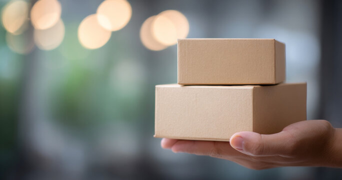 Hand holding two stacked cardboard boxes