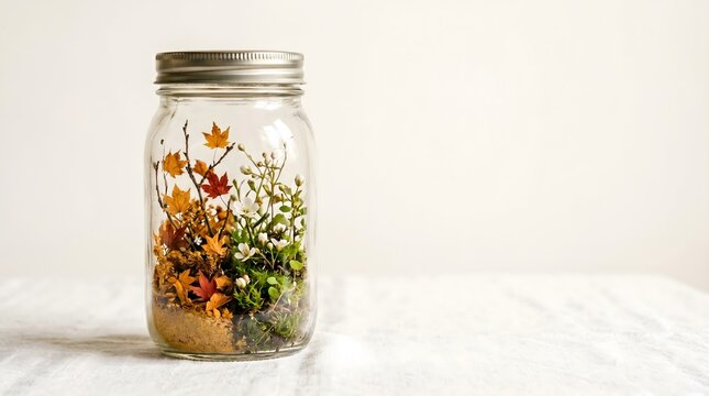 Clear glass jar containing miniature autumn and spring scenes side by side separated by invisible boundary on white linen, surreal dual season time and memory concept art horizontal with copy space