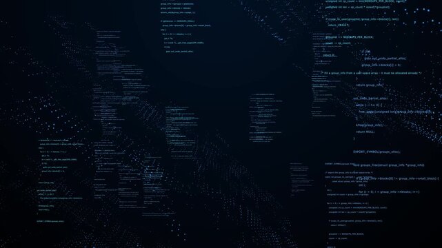 Abstract digital network interface with dots and fictional code elements on a blue technology background, representing futuristic data systems, digital communication, cybersecurity