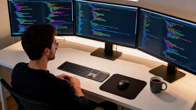 Person working at a computer with multiple monitors