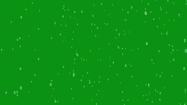 Binary digits and glowing particles rising upward on green screen background, digital data flow, abstract technology, and cyberspace motion graphic.