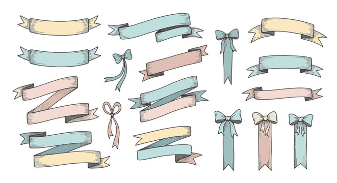 Collection of hand-drawn vector ribbons and decorative banners in a cute doodle style, featuring diverse banner shapes, scrolls, and labels for stationery and web design projects.