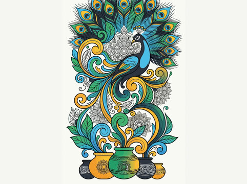 Intricate Peacock Illustration with Traditional Indian Pottery and Mandala Patterns - Ethnic Folk Art Design