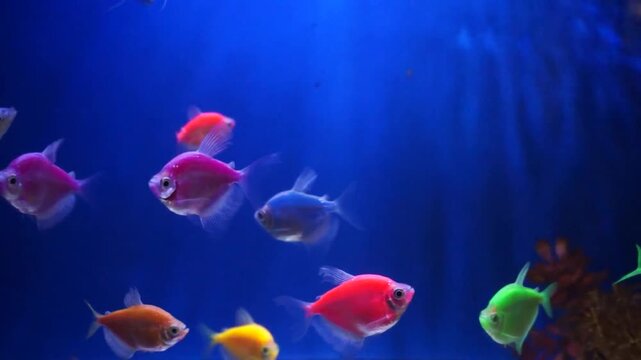 Colorful GloFish Species In Aquarium, Genetically Engineered Fish.