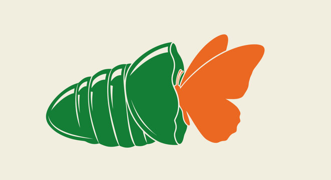 Metamorphosis illustration showing a butterfly emerging from its chrysalis on a neutral backdrop