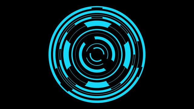 A moving blue high-tech digital technology circle isolated on a black background. HUD round frames, aim control, digital interface. HUD technology. 4K 3D loop animation at 60 fps.