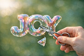 Naklejka premium A person holding a pair of scissors in front of a sign reading 'joy'