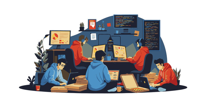 Team of young software developers working late at night in a dark startup office, diverse programmers collaborating on code across multiple computer monitors and laptops with glowing screens.