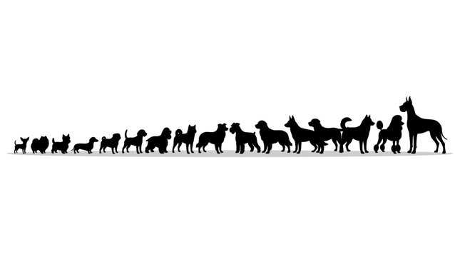 A graphic illustration showcasing a diverse range of dog breeds in silhouette, ordered by size