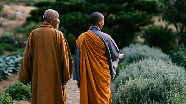 Elderly abbot and a young novice monk walk the perimeter of a monastery's market garden in early morning, the senior monk pointing toward rows of herbs while reviewing a harvest calendar, combining 