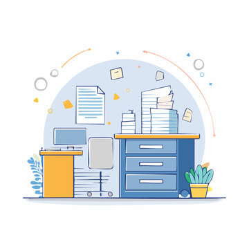 Illustration of a messy office desk with stacks of paper