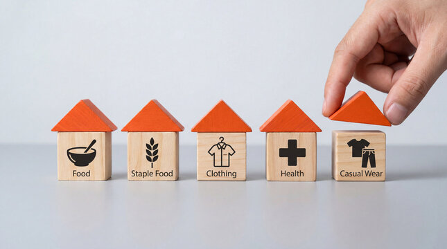 Hand arranging wooden house blocks with essential lifestyle icons symbolizing basic human needs and social welfare