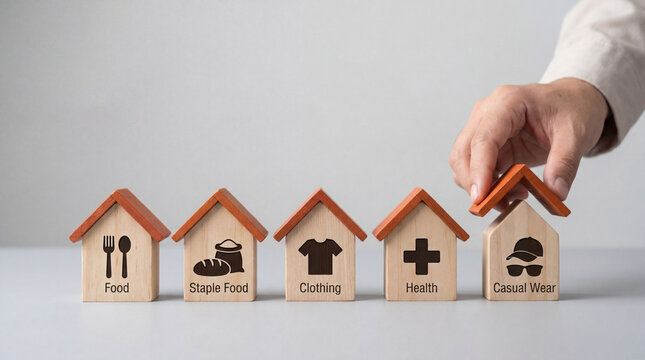 Hand arranging wooden house blocks with essential lifestyle icons symbolizing basic human needs and social welfare