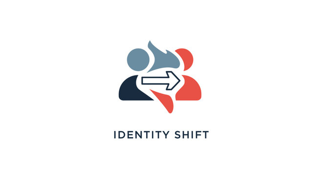 Illustration depicting identity shift and transformation process, arrow icon and person silhouettes