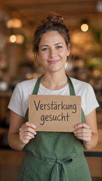 L&auml;chelnde Frau in gr&uuml;ner Sch&uuml;rze h&auml;lt Karton Verst&auml;rkung gesucht im defokussierten Caf&eacute; &ndash; Gastronomie Recruiting authentisch