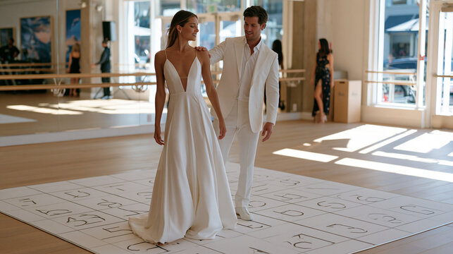 Couples dance instructor guiding newlyweds through the final rehearsal of their first dance in a mirrored studio, showing the groom the exact lead position with one hand while the bride marks her fo