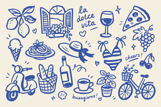 Italian Summer Travel Doodle Icons Sketch Set Vector