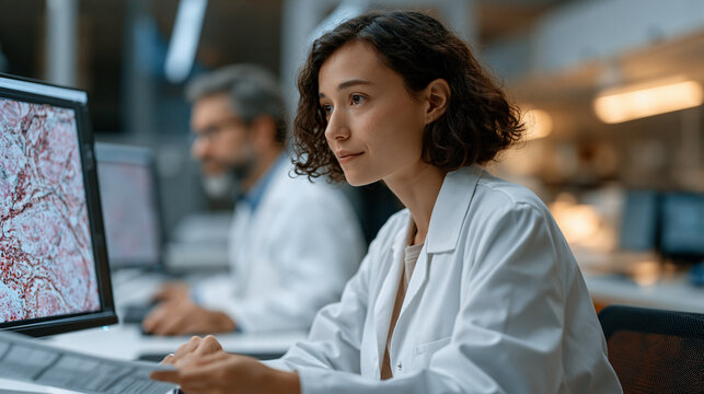 Biomedical data labeler annotates histopathology slide regions on a calibrated medical display inside a hospital informatics room, cross-referencing oncologist-supplied boundary criteria on a printe